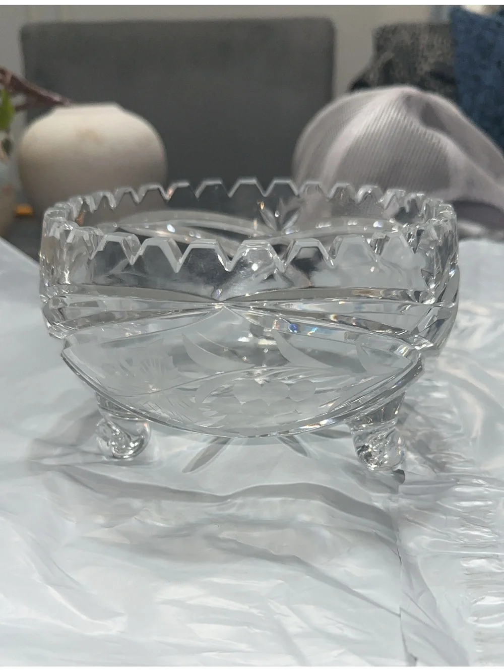 Clear Cut Crystal Footed Candy Dish - Elegant Glass Serving Bowl